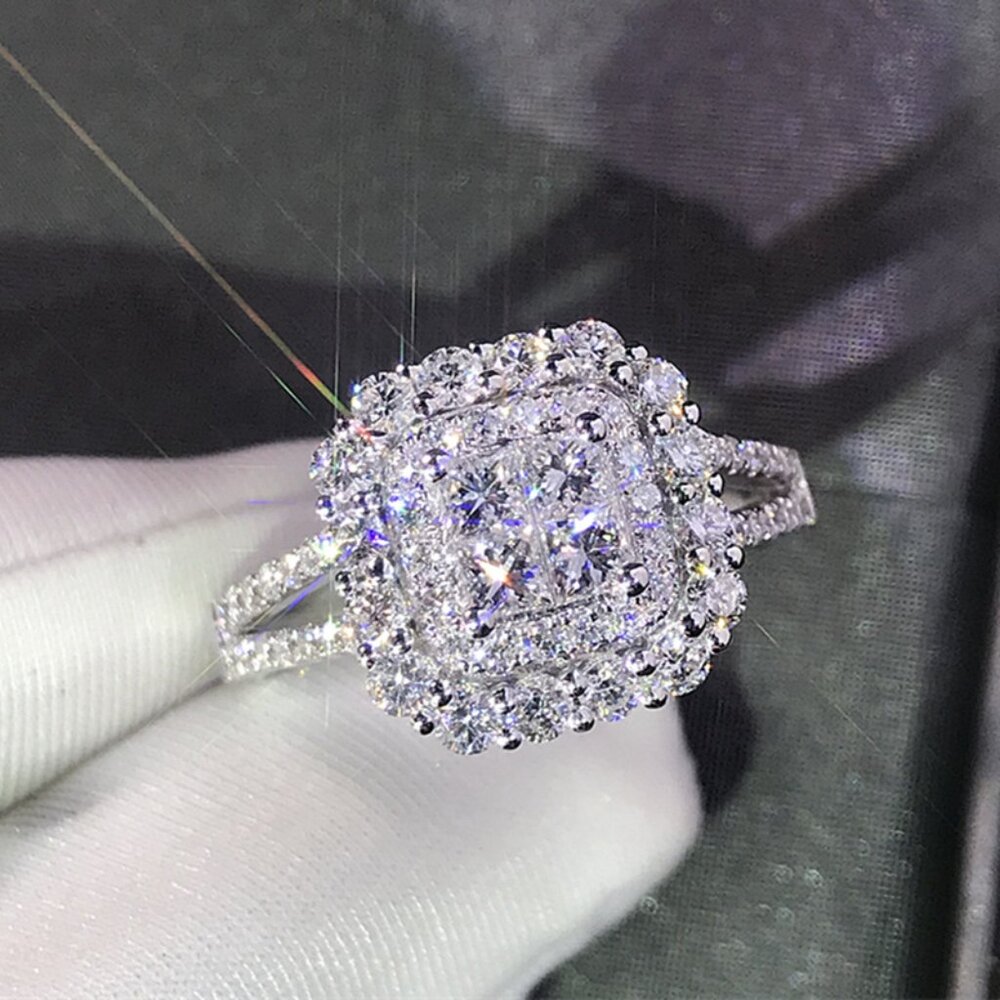 Double Layer Cross Square Zircon Luxury Wedding Ring for Women, PD361 - Picture 2 of 4